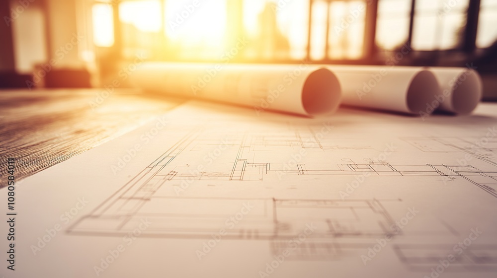 Poster architectural blueprint drafts on a wooden table with sunlight streaming through windows, evoking a 