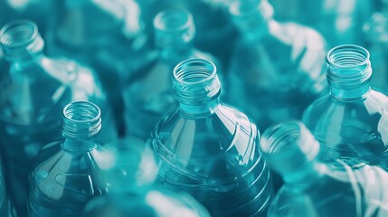 A collection of transparent plastic water bottles stacked together, highlighting environmental concerns and recycling.