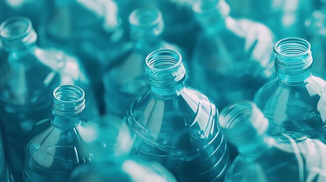 A collection of transparent plastic water bottles stacked together, highlighting environmental concerns and recycling.