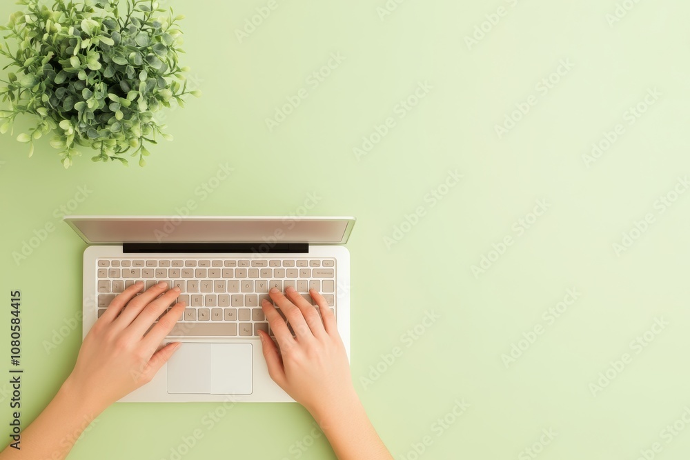 Poster minimalist top view of hands typing on a laptop with light green background and text space