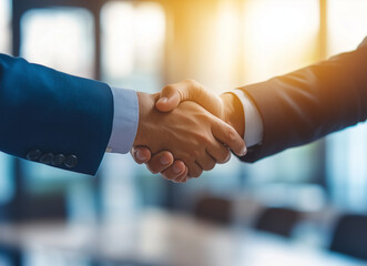 Business people, teamwork and shaking hands for meeting, collaboration, success or startup in office workspace. Professional clients or b2b worker with handshake for thank you, welcome or onboarding