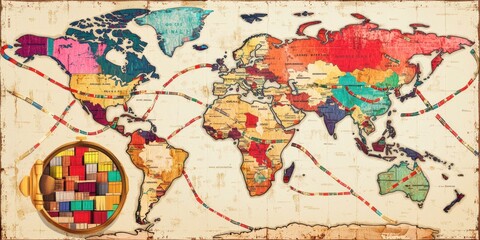 Naklejka premium A colorful world map illustrating trade routes and regions.