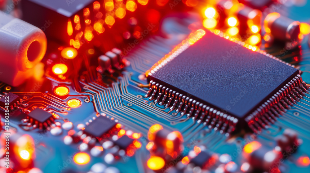 Poster close-up of microchip on a circuit board with glowing lights. our future