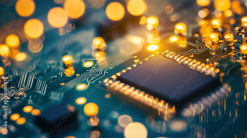 Poster close-up of microchip on a circuit board with glowing lights. our future