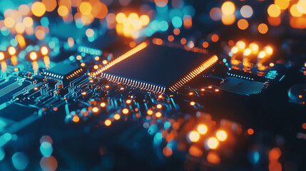 Close-up of microchip on a circuit board with glowing lights. Our future