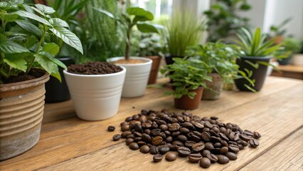 Fototapeta premium A selection of aromatic roasted coffee beans is placed on a wooden table next to an assortment of fresh green leaves and potted plants, outdoor elements, botanicals, coffee bean display
