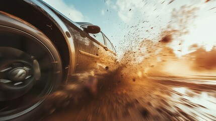 A car speeds through a muddy road, kicking up a spray of dirt.