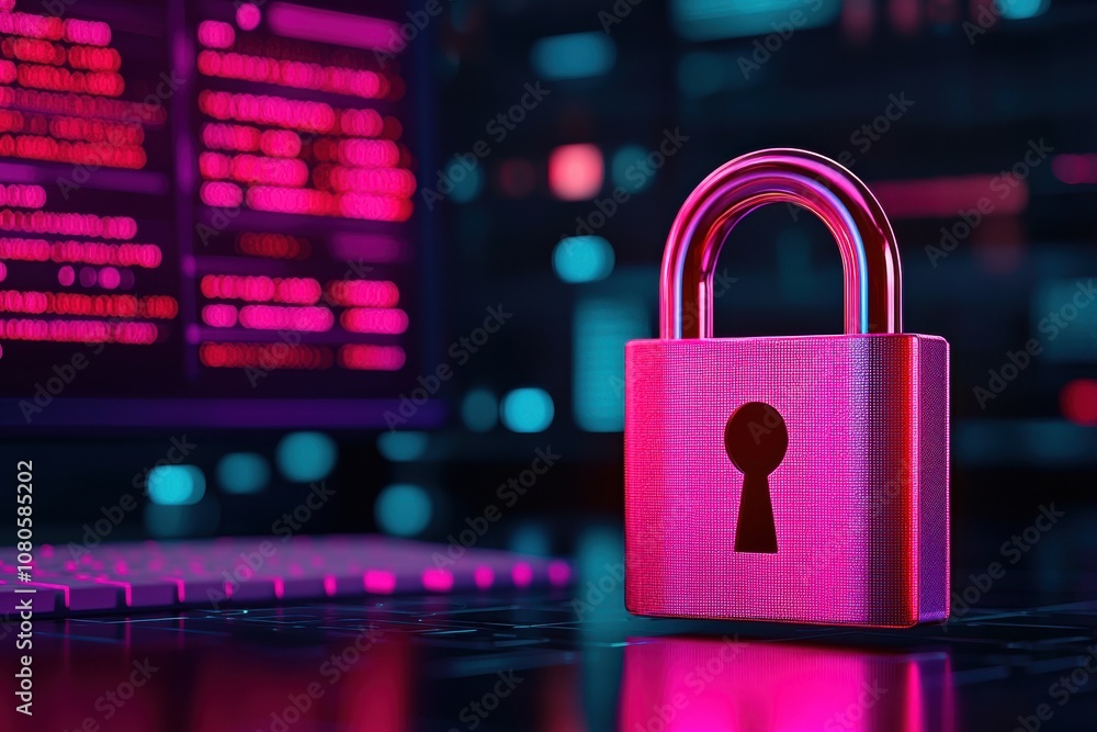 Poster a digital padlock symbolizing cybersecurity and data protection in a modern, vibrant tech environmen