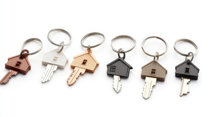 Set of Colorful House-Shaped Keychains Displayed on White Background Featuring Various Key Designs for Home Ownership and Real Estate Concepts