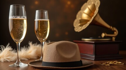 1920s New Year's Eve Party Setting with Champagne and Vintage Accessories