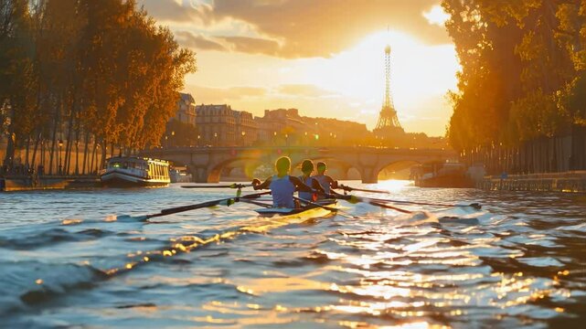 Rowers enjoy a scenic sunset view by the Eiffel Tower in Paris. The golden light reflects on the water, creating a beautiful ambiance.
