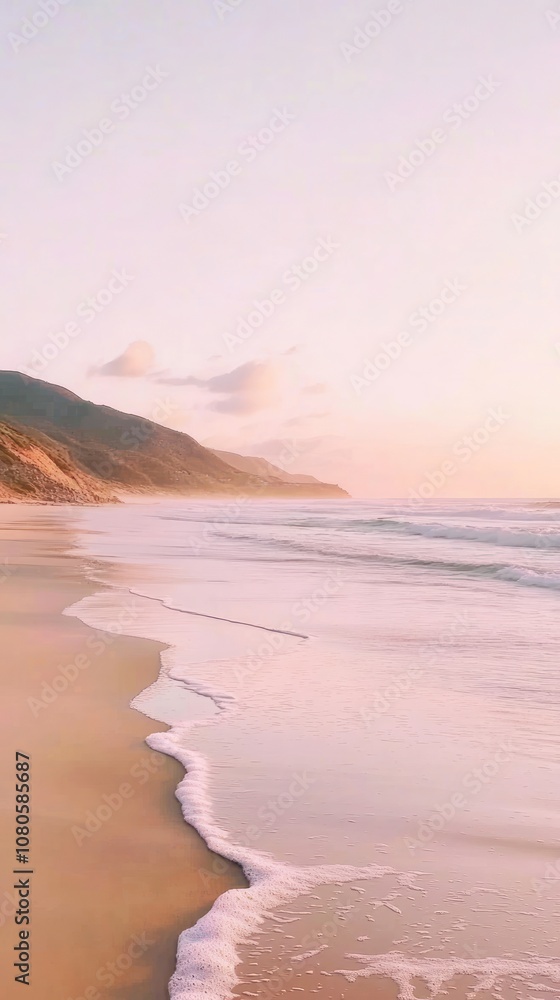 Aufkleber a scenic view of a sandy beach with the ocean in the background. the sky is a soft pink and there ar