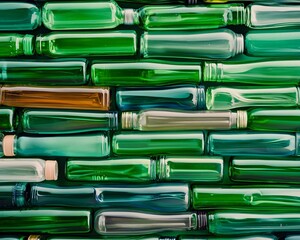 A vibrant assortment of green glass bottles stacked creatively, showcasing recycling and sustainability efforts.