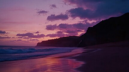 Vibrant sunset over a dramatic coastline with crashing waves and a sandy beach.