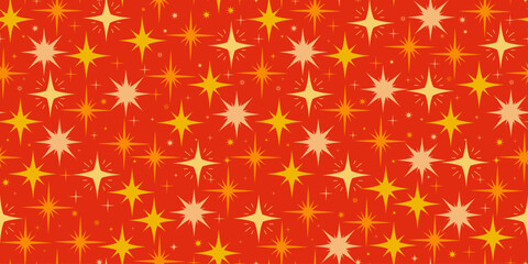 Star Seamless Pattern with Flat Sparkes Symbols on a Red Background. Cute design with glowing lights. Modern holiday design with different star shapes 