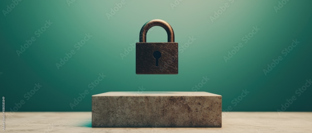 Poster a floating padlock symbolizing security and protection in a digital world, set against a minimalist 