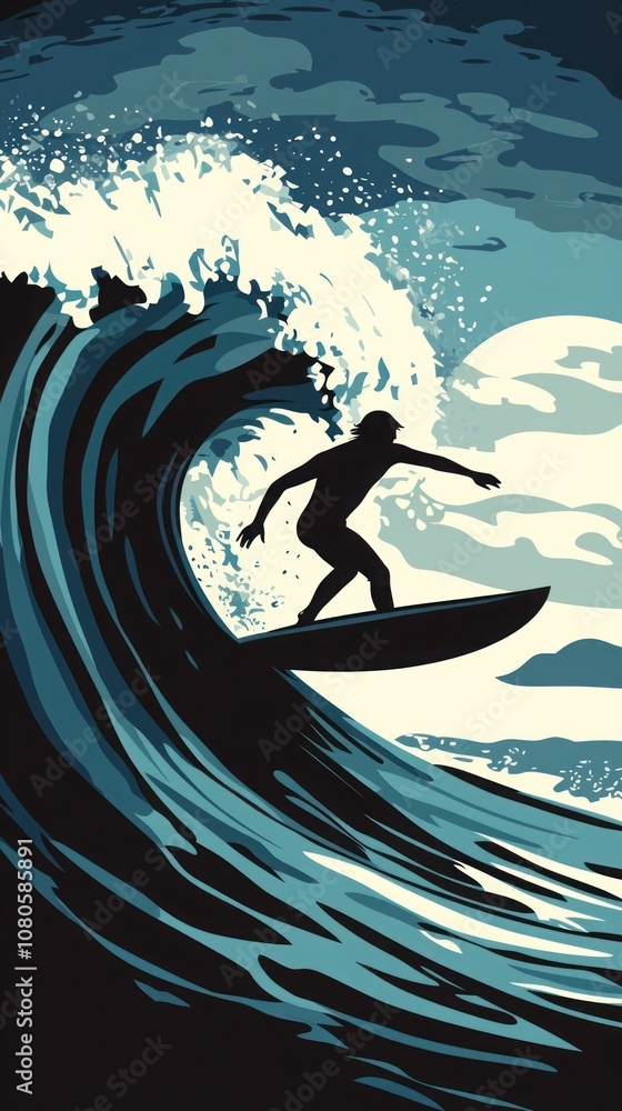 Poster silhouette of a surfer riding a large wave with the sun setting in the background.