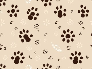 Fototapeta premium Seamless animal tracks and feathers pattern, wildlife, moss, bird tracks