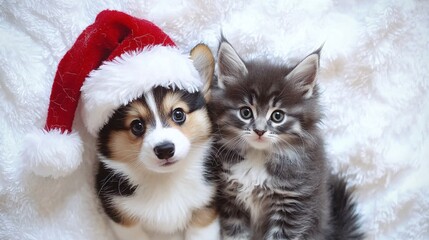 Merry Duo: Corgi Puppy and Kitten Embrace Holiday Spirit
