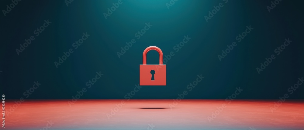 Poster a floating red padlock symbolizing security and protection in a modern digital world, with a gradien