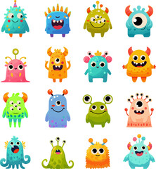 Set of 16 Funny Colorful Monsters - Kids Illustration Clipart