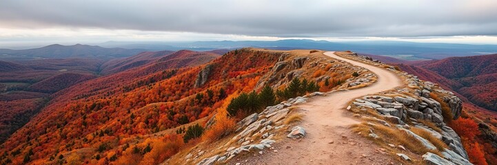A winding path disappears into the distance on a rocky ridgeline as autumn hues paint the surrounding landscape, natural vistas, autumn colors