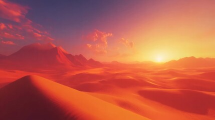 A panoramic view of a desert landscape with rolling sand dunes at sunset. The sun is setting in the distance, casting a warm orange glow over the scene.