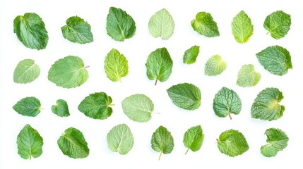 A Beautiful Collection of Fresh Green Mint Leaves Arranged in a Pattern on a Clean White Background Ideal for Culinary, Health, and Nature Themes