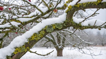 Snow-covered apple tree branches with thick, vibrant lichen growth and intricate patterns, cold, snow, apple