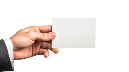 Obraz premium Hand Holding Blank Card for Business, Personal, or Promotional Use, Isolated on White Background for Creative, Marketing, or Advertising Purposes