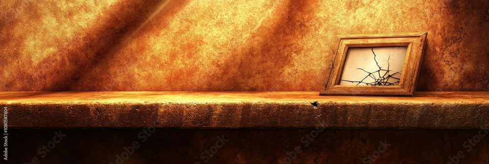 Poster a rustic shelf with a framed picture against a textured background.