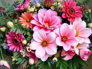 Whimsical floral arrangement with oversized flowers and lush greenery, surreal arrangements, playful patterns, oversized flowers