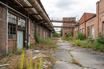 A neglected and worn-down industrial area with exposed pipes and brick walls, peeling paint, concrete, grimy