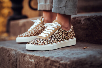 Trendy sneakers with leopard print detailing, captured in an outdoor lifestyle setting, perfect for a street fashion editorial.