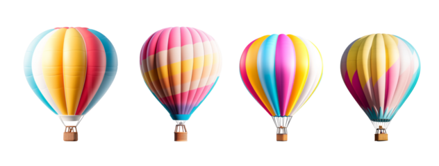 Four vibrant hot air balloons in striking designs stand in preparation for a morning flight, reflecting the beauty of the clear blue sky above