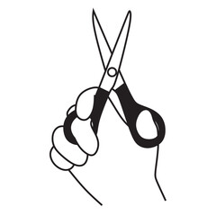 hand holding short scissors, two fingers into the hole, black and white art, line thickness can be changed