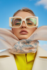 Fashion shot of a model in yellow attire with a pale scarf and white square glasses, posing against a vivid blue sky. Minimal and chic styling with a contemporary twist.