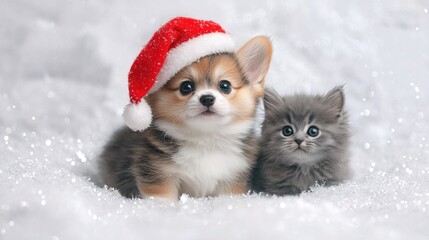 Festive Friendship: Corgi Puppy and Kitten in Santa Hats