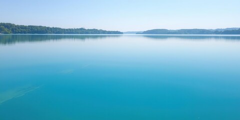 Fototapeta premium Peaceful reflection of a light blue lake on a summer day, nature, scenery, serene