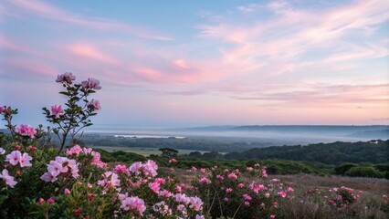 Fototapeta premium Pastel pink and blue shades dance across the sky at dawn amidst blooming flowers, sunny day, blue, flower petals, gentle clouds