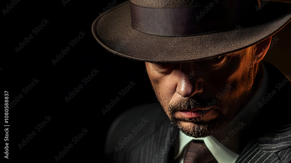 Poster mysterious man in dark hat with intense expression showcasing vintage style and intrigue against dee