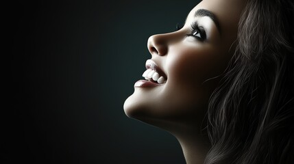 Fototapeta premium A portrait of the profile of a young woman looking up. Her expression shows joy and delight.