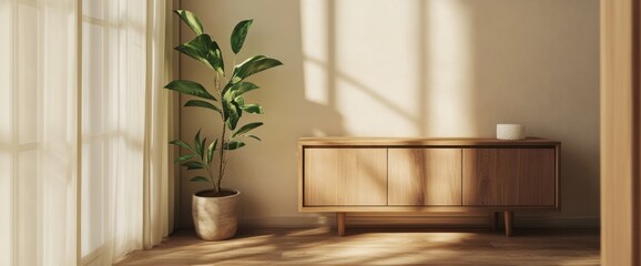 Fototapeta premium Minimalist Living Room with Wooden Cabinet and Plant