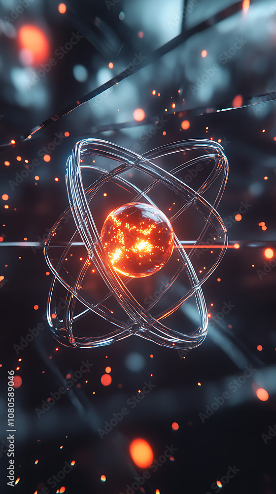 Poster glowing lines forming digital atomic structure image