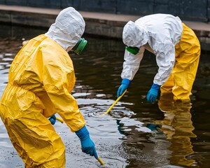 Environmentally conscious workers in protective suits test water quality in a polluted area to ensure safety.