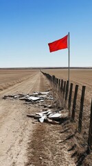 A dirt road leads to a red flag near debris, set against a clear blue sky in a barren landscape.