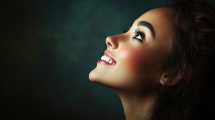 Fototapeta premium A portrait of the profile of a young woman looking up. Her expression shows joy and delight.