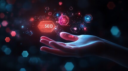 A hand holding the hologram word SEO and other marketing