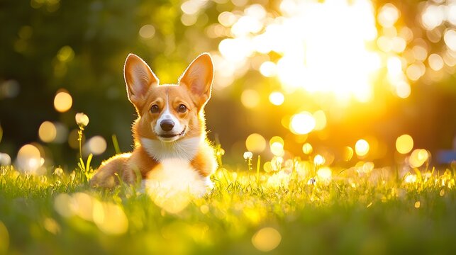 Cheerful corgi lounging on green lawn during golden summer afternoon, captured with natural sunlight and bokeh effects creating warm, vibrant outdoor pet photography.