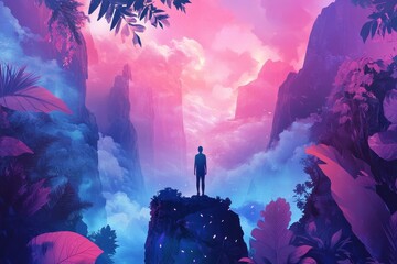 A lone figure stands on a cliff overlooking a misty, purple and blue landscape